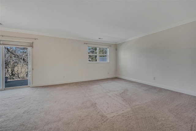 carpeted spare room with crown molding and baseboards