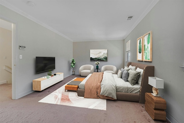 carpeted bedroom with ornamental molding, visible vents, and baseboards