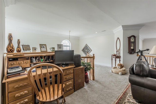 office area featuring carpet floors, ornamental molding, and baseboards