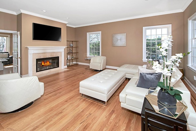 living area with a fireplace, light wood-style flooring, and crown molding