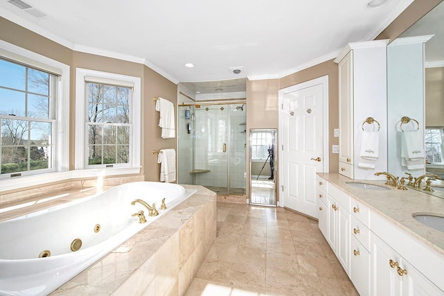 bathroom with a sink, visible vents, ornamental molding, a shower stall, and a whirlpool tub