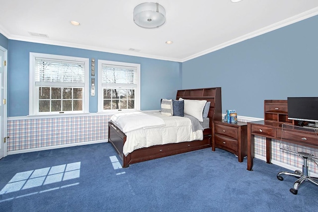 bedroom featuring visible vents, multiple windows, ornamental molding, and carpet flooring