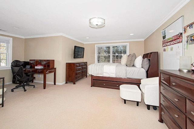 bedroom with ornamental molding, light carpet, visible vents, and baseboards