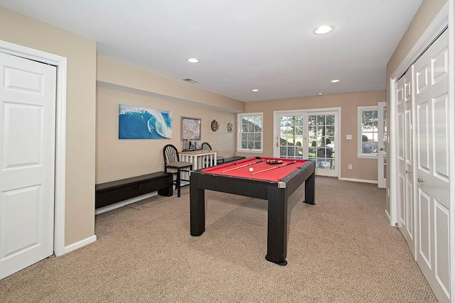 rec room with baseboards, pool table, recessed lighting, and light colored carpet