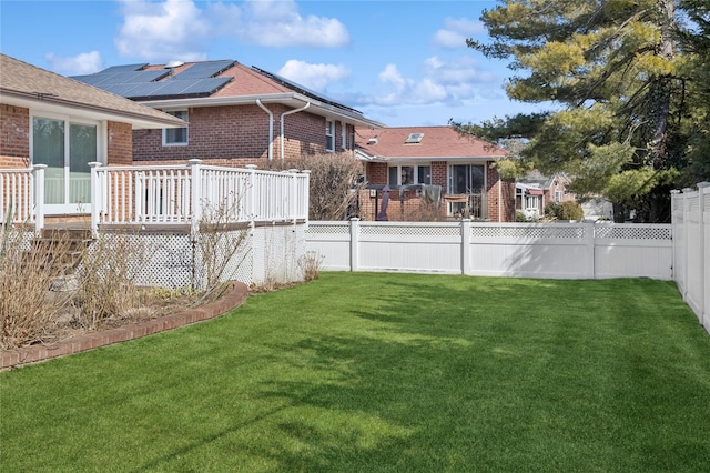 view of yard with a fenced backyard and a wooden deck