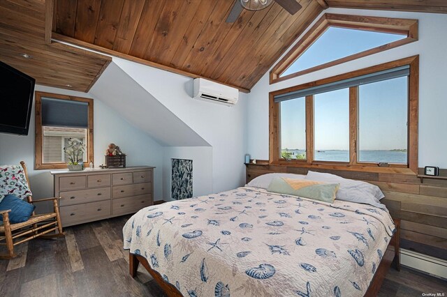 bedroom with a baseboard radiator, wood ceiling, vaulted ceiling, an AC wall unit, and dark wood finished floors