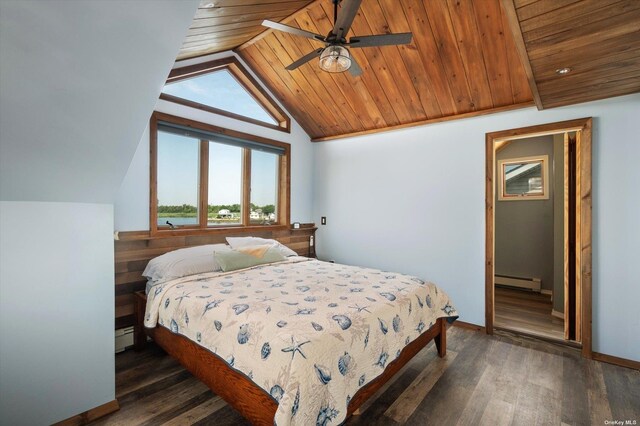 bedroom featuring wood ceiling, vaulted ceiling, baseboard heating, and wood finished floors