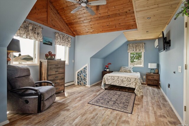 bedroom featuring a baseboard heating unit, lofted ceiling, wooden ceiling, and wood finished floors