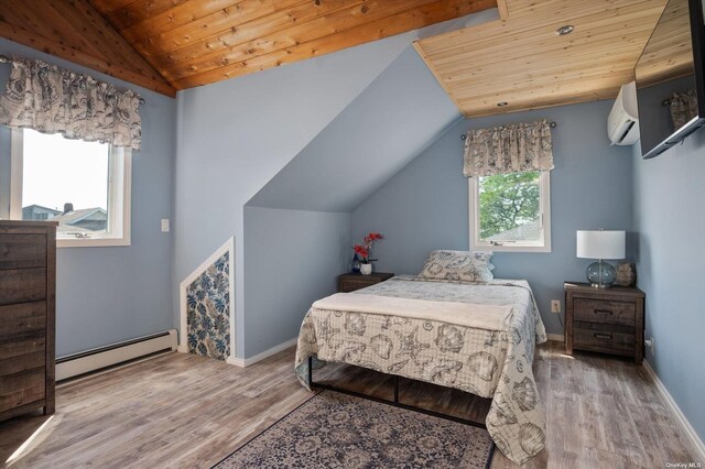 bedroom with wooden ceiling, wood finished floors, a wall mounted air conditioner, vaulted ceiling, and a baseboard heating unit