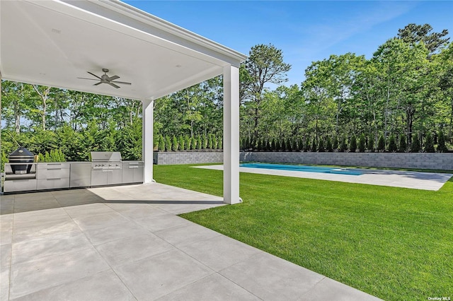 view of yard featuring area for grilling, a patio area, and ceiling fan
