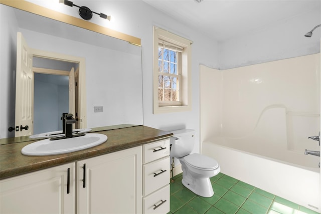 bathroom with tub / shower combination, toilet, vanity, and tile patterned flooring