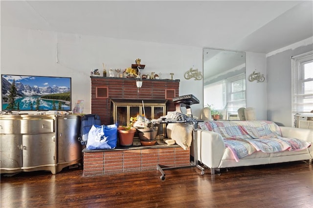 living area featuring a fireplace and wood finished floors