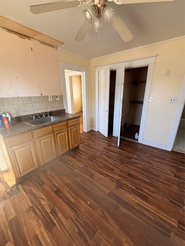 kitchen featuring dark wood-style floors, tasteful backsplash, dark countertops, a sink, and ceiling fan