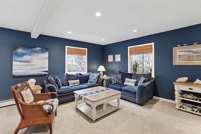 carpeted living room with recessed lighting, beamed ceiling, and baseboards