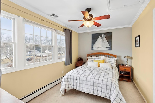 bedroom featuring carpet floors, visible vents, a baseboard heating unit, ornamental molding, and baseboards