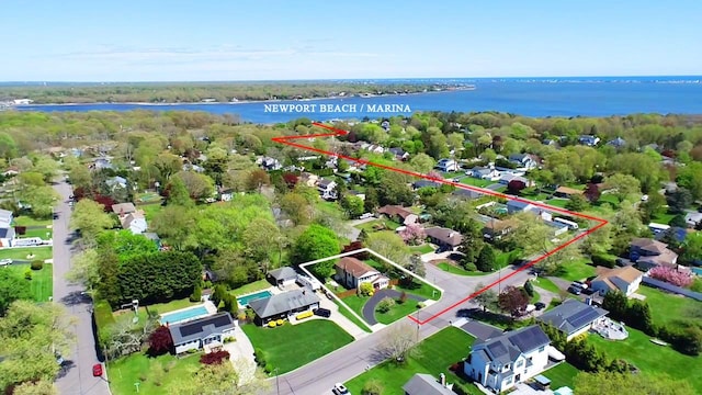 37 Newport Beach Blvd, East Moriches, NY 11940 - aerial view of residential area featuring a large body of water and property boundaries highlighted