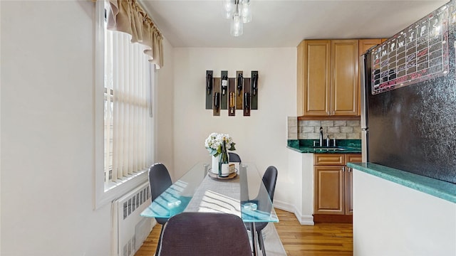 dining room featuring radiator, a healthy amount of sunlight, light wood-style flooring, and baseboards