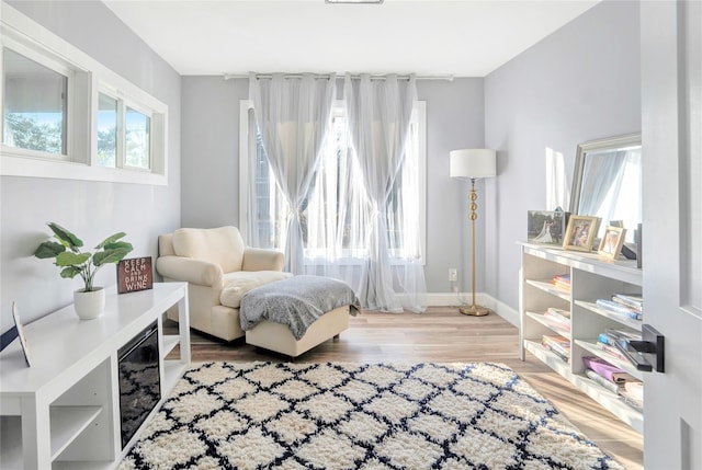 living area featuring wood finished floors and baseboards