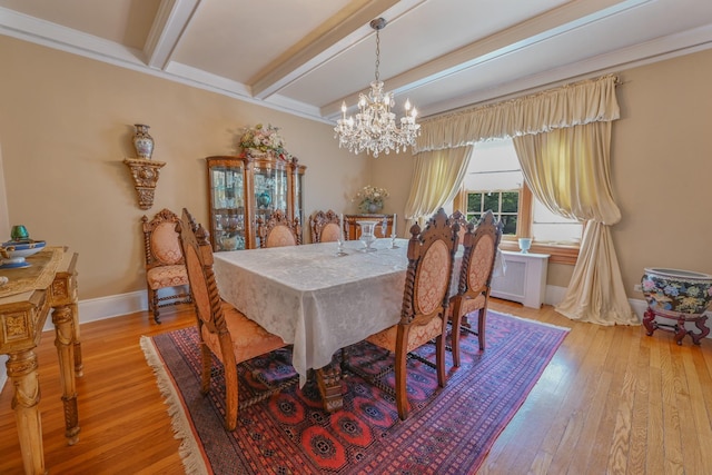 dining room featuring a chandelier, beam ceiling, light wood-style flooring, and baseboards