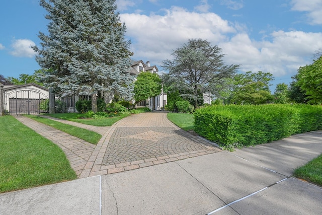 view of property's community featuring a yard and a gate