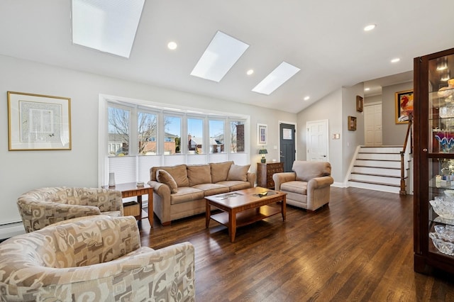 living room with lofted ceiling with skylight, recessed lighting, stairway, and dark wood-style floors