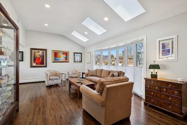 living room with lofted ceiling with skylight, a baseboard radiator, dark wood finished floors, and recessed lighting