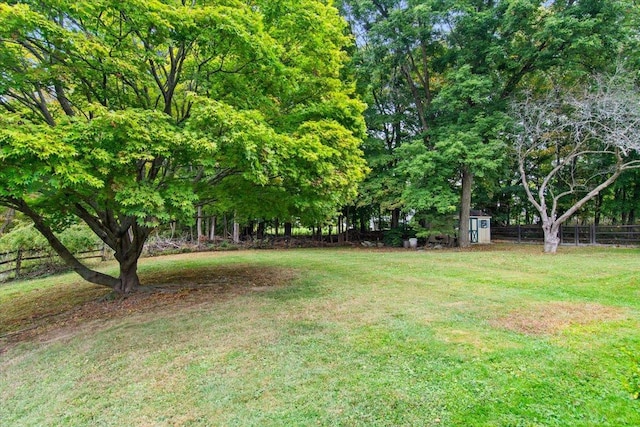 view of yard with fence, an outdoor structure, and a storage shed