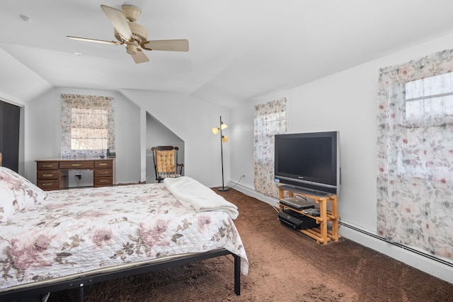 bedroom with lofted ceiling, carpet, and ceiling fan