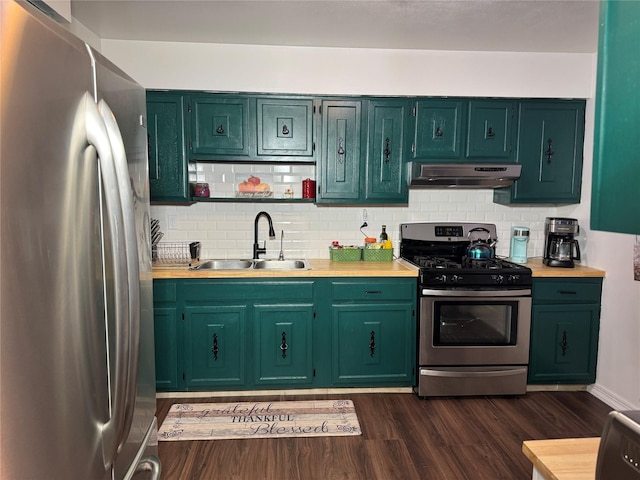 kitchen with tasteful backsplash, a sink, light countertops, under cabinet range hood, and stainless steel appliances