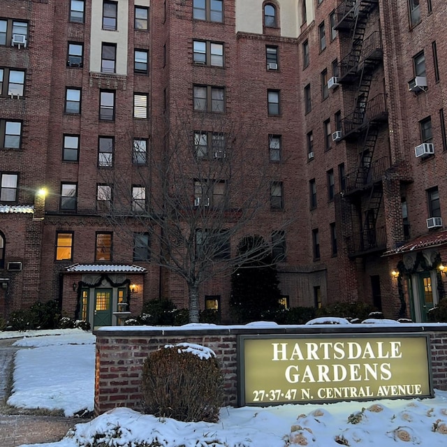 view of snow covered building