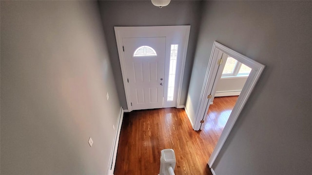 foyer with a baseboard heating unit, baseboards, and wood finished floors