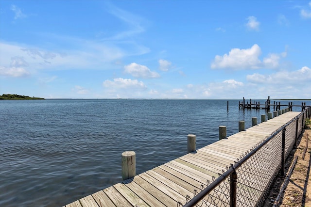 dock area featuring a water view and fence