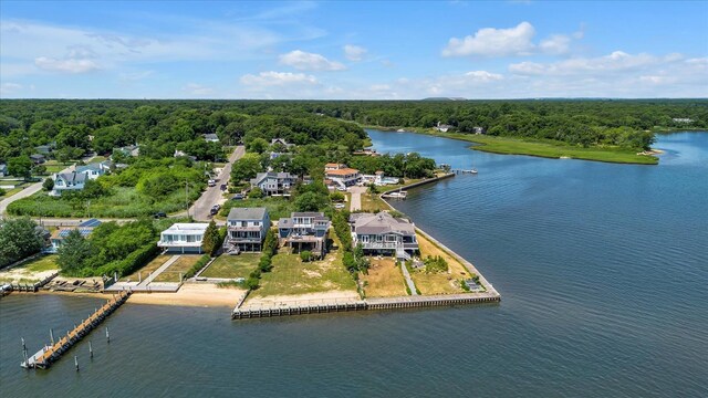 bird's eye view with a water view and a wooded view