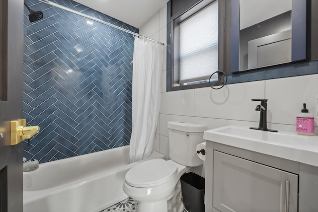 bathroom featuring tile walls, tasteful backsplash, shower / bathtub combination with curtain, toilet, and vanity
