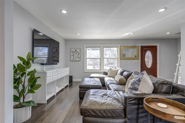 living room featuring baseboards, wood finished floors, and recessed lighting