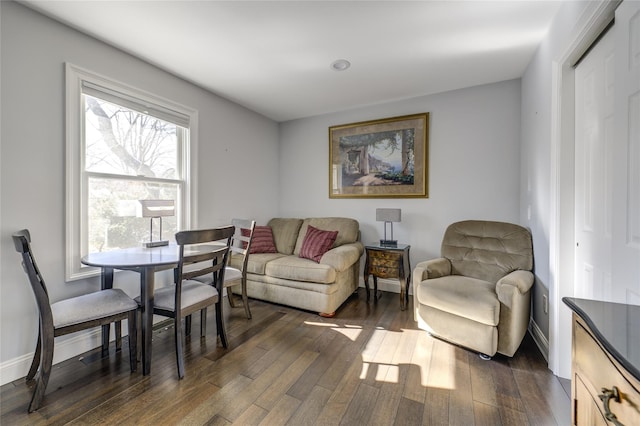 living area featuring dark wood-type flooring and baseboards