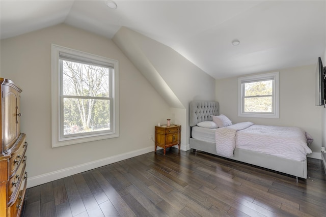 bedroom featuring lofted ceiling, baseboards, and dark wood-type flooring