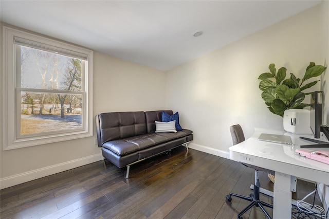 office area featuring wood-type flooring and baseboards