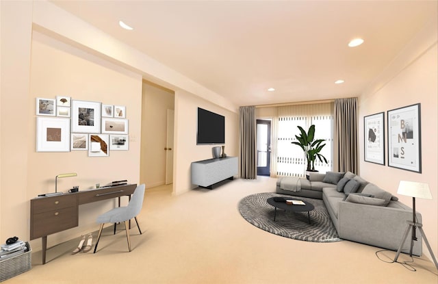 living room featuring recessed lighting and carpet flooring