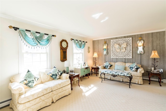 living area with baseboard heating, carpet flooring, and crown molding