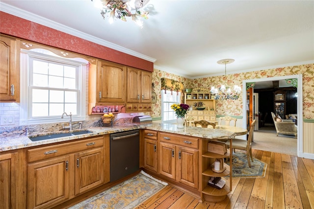 kitchen with open shelves, a sink, dishwasher, a peninsula, and wallpapered walls