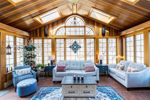 sunroom / solarium featuring wooden ceiling, vaulted ceiling with skylight, a baseboard radiator, and a wealth of natural light