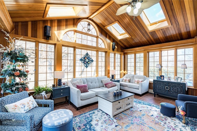 sunroom / solarium with vaulted ceiling with skylight and wood ceiling