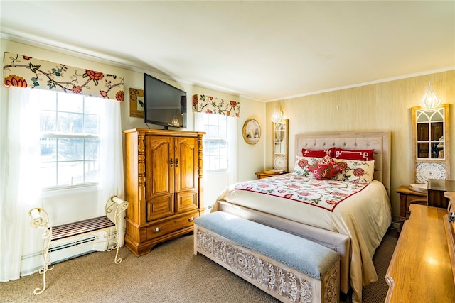 carpeted bedroom featuring ornamental molding