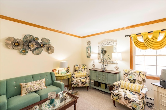 living area with crown molding, baseboard heating, and light colored carpet