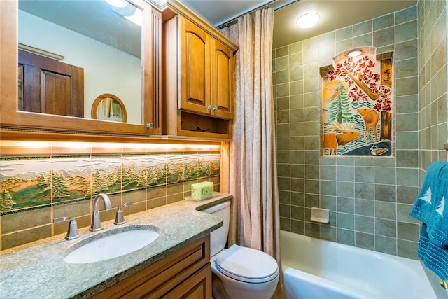 bathroom with tasteful backsplash, shower / bath combo, toilet, vanity, and tile walls