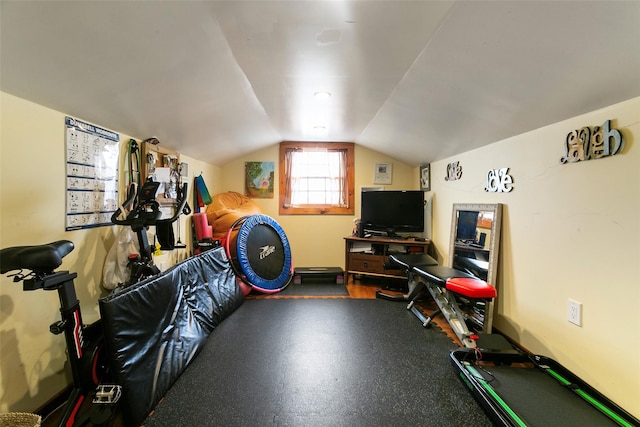 exercise area featuring vaulted ceiling