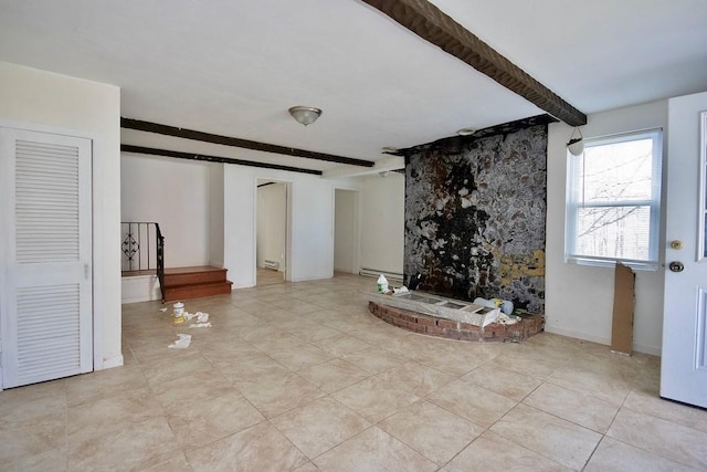 5 Plank Rd, Mongaup Valley, NY 12762 - unfurnished living room with light tile patterned floors and beam ceiling