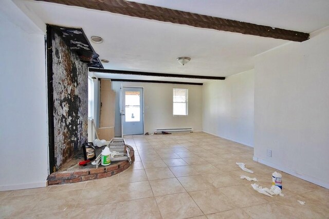 5 Plank Rd, Mongaup Valley, NY 12762 - entrance foyer featuring tile patterned flooring, baseboards, beam ceiling, and a baseboard radiator