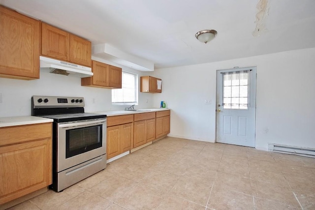 5 Plank Rd, Mongaup Valley, NY 12762 - kitchen featuring a sink, light countertops, stainless steel range with electric cooktop, under cabinet range hood, and light tile patterned flooring